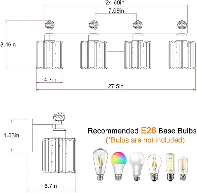 Bathroom Vanity Lights Over Mirror - Easy Installation with Clear Guide, 4-Light Shadow-Free Design, Black and Gold Crystal Finish - for Modern Home Bathroom Lighting Fixtures in DIY Projects