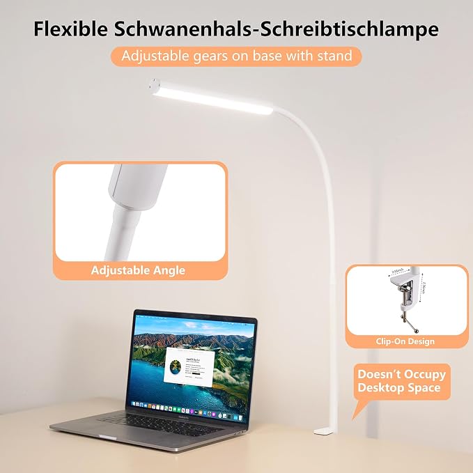 LED Desk Lamp for Office Home, Adjustable Flexible Eye-Caring Desk Light with,5 Modes 10 Brightness Adjustment, USB Adapter Desk Lamp with Clamp-LK-W