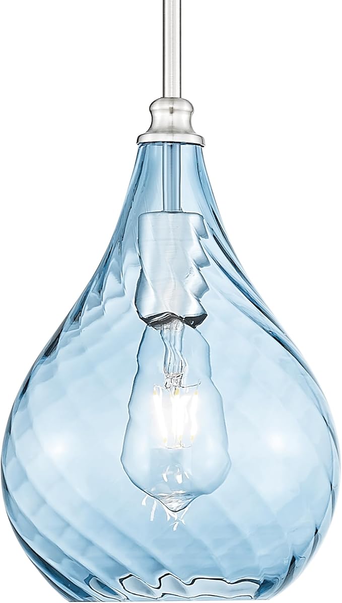 TENGXIN 8 Inch Hanging Light for Kitchen Island,Kitchen Pendant Lighting Over Island,Brushed Nickel Finished Blue Glass Pendant Light,Farmhouse Pendant Light for Dining Room,TXPLBN13-L