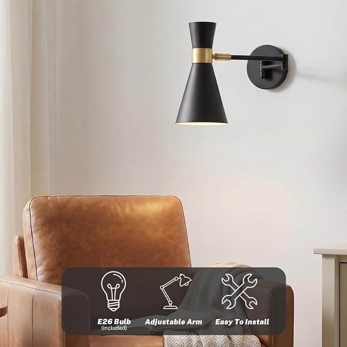 OSYNNIQ Wall Sconce Light with Adjustable Swing Arm for Bedside Reading | Wall Lamp, Modern, Industrial, Lighting Fixture, Black, Hardwired, for Bedroom/Living Room/Indoor, LED E26 Bulb Included