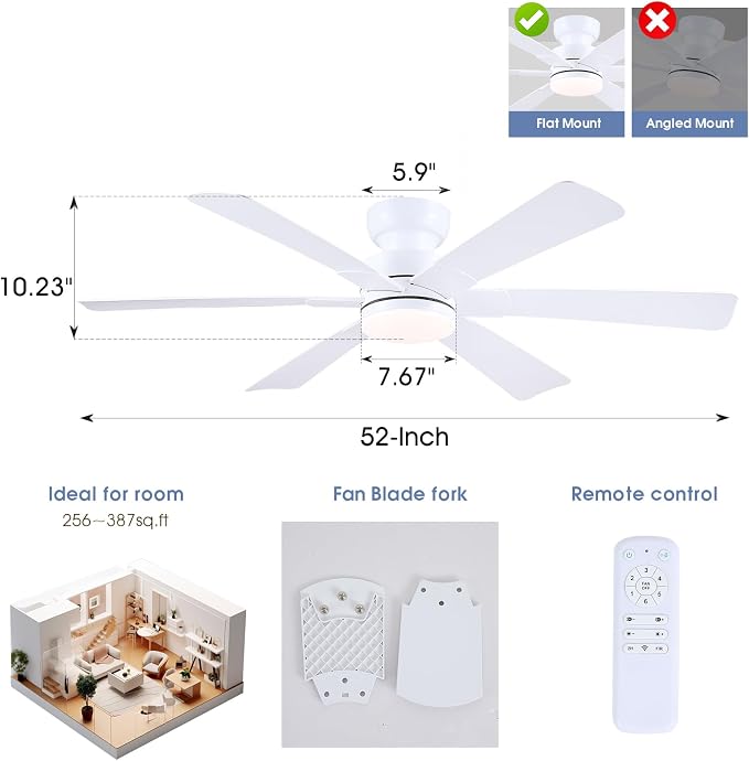 Asyko 52" White Modern Low Profile Ceiling Fan with LED Light and Remote | Flush Mount,Super Large Airflow with 6 Wind Speeds, Reversible, Dimmable 3 CCT LED Light, Quiet 30W DC Motor,2H Timer