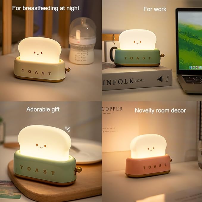 Toast Night Light, Kawaii Desk Decor Dimmable Bedside Night Lamp Rechargeable, Auto-off Bedroom Sleep Light, Cute Gifts for Girls, Boys, Teens, Friends Birthday, Thanksgiving, Christmas