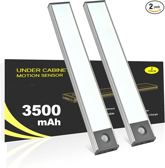 Under Cabinet Lighting, 3500mAh Motion Sensor Light Indoor, 2 Pack | 9 Inch, USB-C Rechargeable, 3H+ Fast Charging, 10s/20s/60s Timer, 5-Level Dimmable, Magnetic, Cool White for Kitchen & Closet