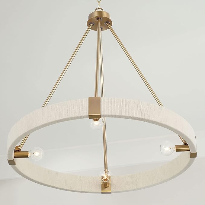 Capital Lighting 449841MA Delaney Modern Hand-Wrapped Rope Round Chandelier, 4-Light 240 Total Watts, 26" H x 26" W, Matte Brass