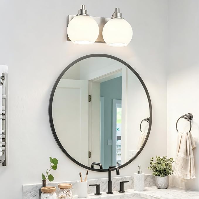 IZORRO Bathroom Light Fixtures, 2-Light Brushed Nickel Vanity Light, Modern Wall Sconces with Globe Milk White Glass Shade, Vanity Lighting Fixtures Over Mirror,E26 Bulb Socket