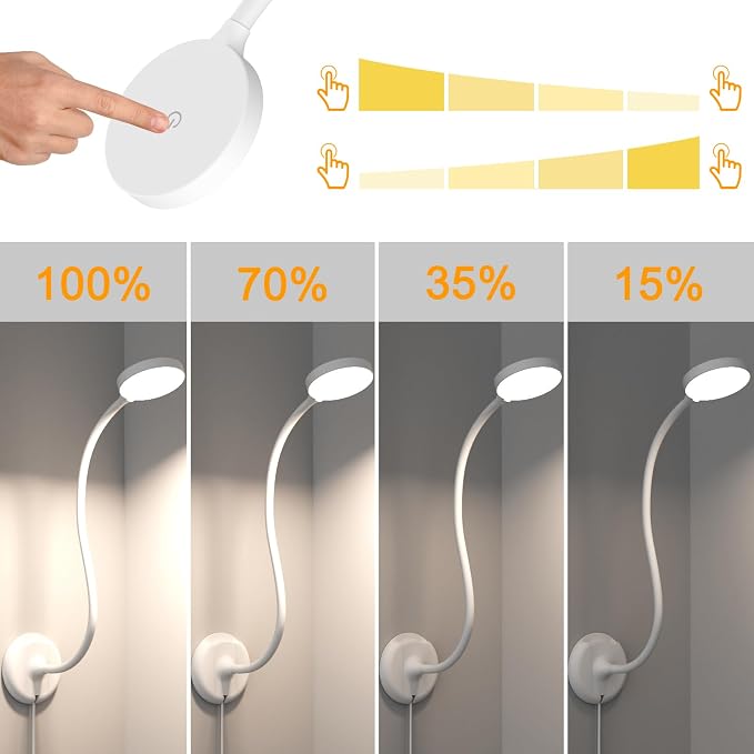 ENUOTEK Flexible LED Wall Mounted Reading Light, USB Powered White LED Bedside Reading Lamp, 100%-70%-35%-15% 4 Levels Dimmable and 5000K- 4000K- 3000K 3 Levels Adjustable Lighting Colors