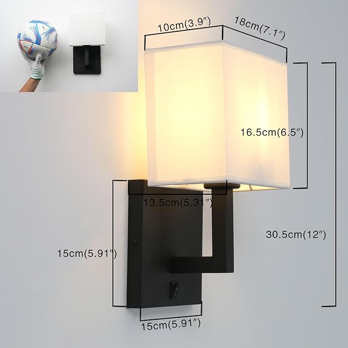 PERMO Single Wall Sconce Black Finish Light Fixture with White Textile Shades and On/Off Switch Button Small Modern Nightstand Lamps for Bedrooms Bedside Reading