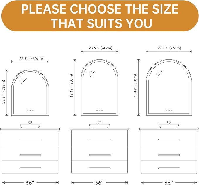 30"x36" Arched LED Mirror for Bathroom, Brushed Gold Lighted Bathroom Mirror with Lights, Fogless, Dimmable, Shatterproof, Touch Sensor, 3 Color Changing
