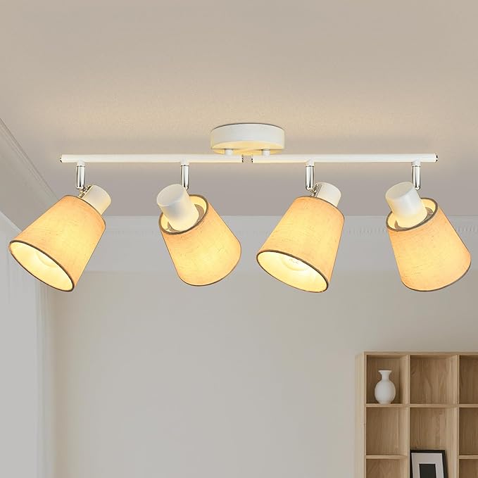 LTBLIGHT 4-Light Track Lighting Kit, Modern White Linen Ceiling Spotlights Fixture, Flexibly Rotatable Track Lighting for Kitchen Living Room Bedroom, E26 Base(Bulb Not Included)