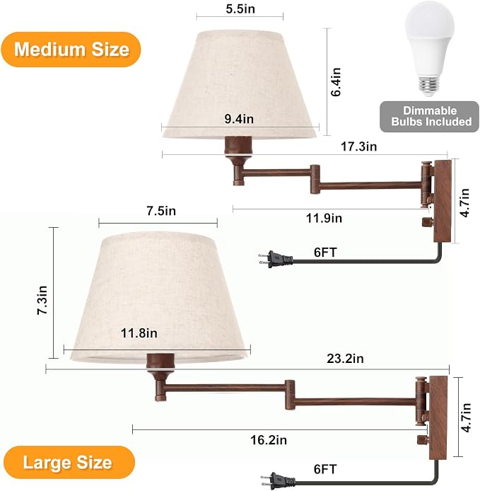 TRLIFE Wall Sconce Plug in, Remote Control Dimming 10-100% and Adjustable Color Temperature 2700K-6500K Swing Arm Wall Lights with Plug in Cord, 11.8" Large Beige Fabric Shade(2 Pack, Walnut Color)