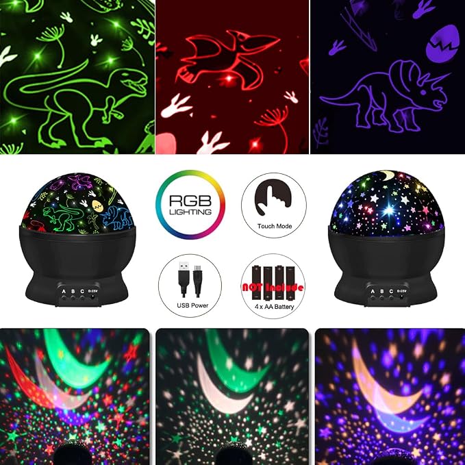 Night Light for Kids, 2-in-1 Dinosaur & Starry Sky Kids Night Projector, 360° Rotating Silent Star Night Light with USB Cable, Color Changing Toddler Room Decor, Gifts for 3-8 Year Old Girls Boys