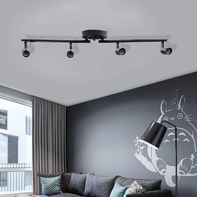 HURYEE Track Lighting Kit, 4 Head Foldable Ceiling Spot Light with GU10 Socket for Kitchen Hallyway Bedroom Fixture Directional Accent Lamp