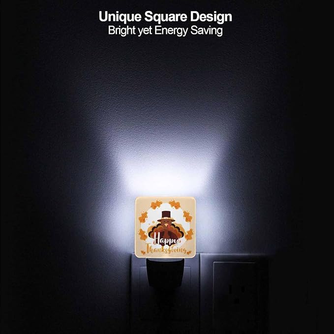 LED Night Light Plug into Wall with Dusk to Dawn Light Sensor White Energy Efficient Happy Thanksgiving Turkey Leaves Nightlight for Bedroom Bathroom Hallway Living Room Kitchen