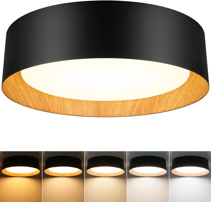 Flush Mount Ceiling Light, 13in Modern Ceiling Light 5 Color Temperature | 25W Bathroom Ceiling Light Fixture, 2600LM Dimmable LED Flush Mount Light for Bedroom, Hallway, Kitchen, Black & Wood