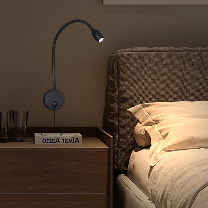 LED Reading Lamp 3W Warm White 3000K for Reading Books Black Plug Cord 2PCS