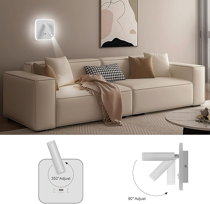 Kawell Indoor LED Wall Lamp with Switch Adjustable Bedside Wall Spotlight Modern LED Reading Wall Light with USB Charging Port for Bedroom Living Room Study Library, White(Cold White)