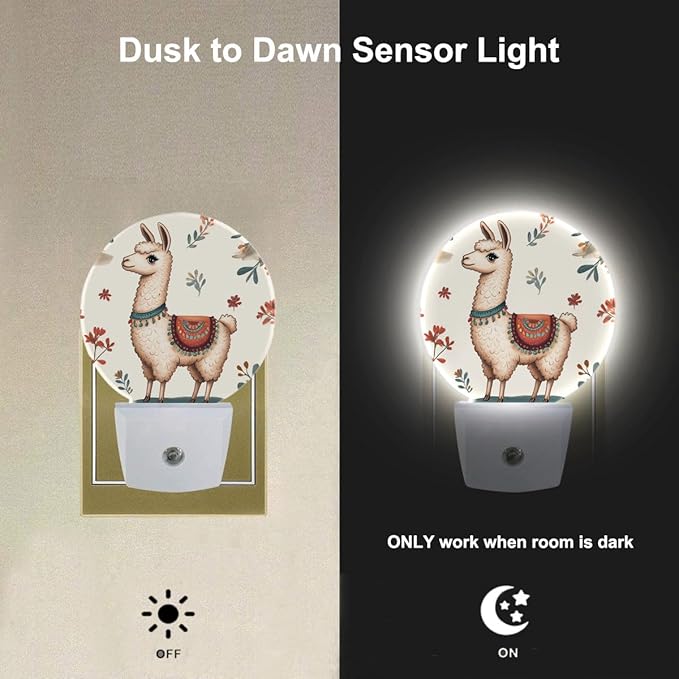 EKOBLA Cute Llama Led Night Light Alpaca Animal and Cactus Dusk to Dawn Plug-in Nightlights Auto Sensor for Home Indoor Bathroom Hallway Kitchen