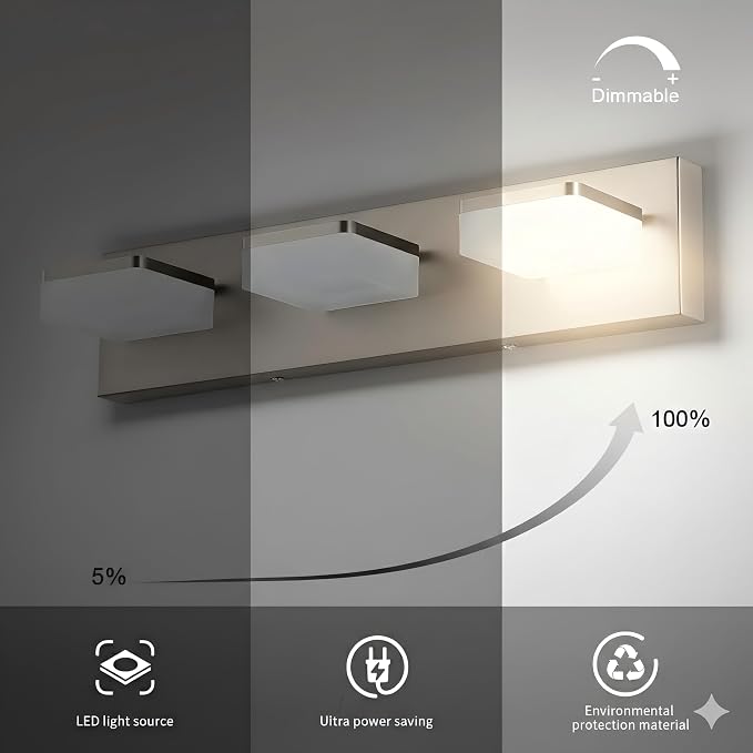 Brushed Nickel Vanity Lights for Bathroom - 3 Light Vanity Light Fixture - Dimmable LED Wall Sconces - Daylight 5500K - Elegant Bath Light Fixtures for Over Mirror