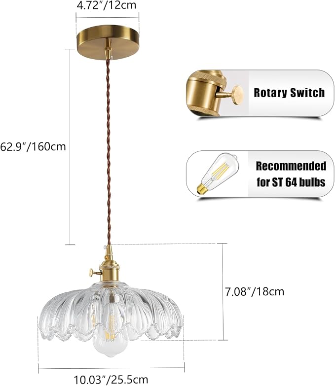 XZHGCEE Glass Pendant Lights Kitchen Island: Vintage Pendant Light Fixtures Small Pendant Light Dining Room, Clear Hanging Light for Living Room, Schoolhouse, Entryway, Foyer, E26