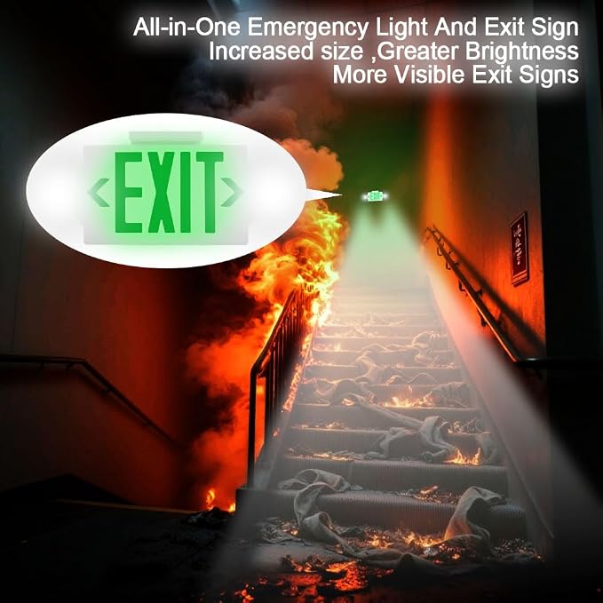 LED Emergency Light & Exit Sign Combo, Green Exit Sign, UL Certified Emergency Exit Light, Adjustable Lamps with Back-up Battery for Business (Green, 6 Pack)