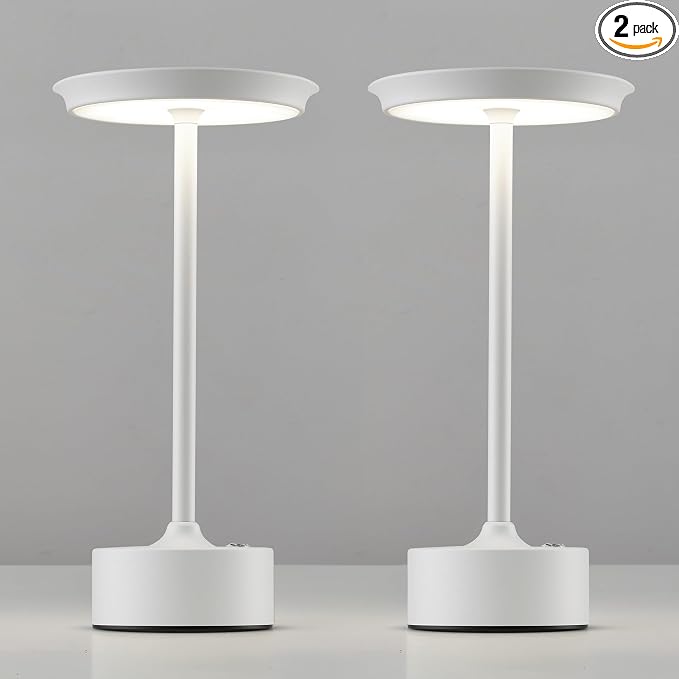PUSU Rechargeable Table Lamps Set of 2, White Cordless Portable Desk Lamp | 4000mAh Battery, Stepless Dimming & 3 Color 2700K-6000K, LED Lamp for Bedroom, Living Room, Restaurant, Outdoor, Night Light