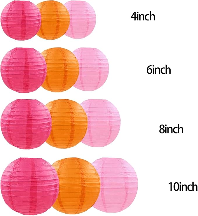 Hot Pink Orange Party Decorations,12pcs Paper Lanterns for Birthday Baby Shower Wedding Party Decorations(Hot Pink,Pink,Orange)