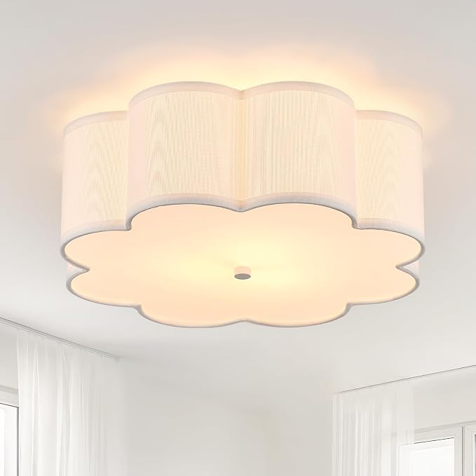17.7" White Semi Flush Mount Ceiling Light, Linen 3-Light Fixture | White Linen Petal Shade, Modern Style For Bedroom, Hallway,Kitchen And Laundry; Close-To-Ceiling, E26, Dimmable