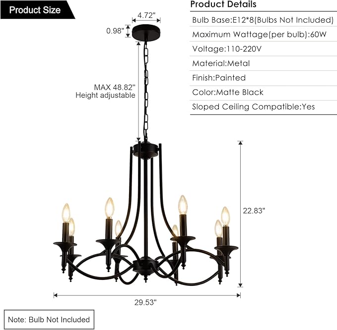 Industrial Candle Chandelier Modern Farmhouse Hanging Pendant Light Fixture with 8-Light Black Iron Classic Rural Candle Ceiling for Dining Room Living Room Bedroom Kitchen Island Foyer