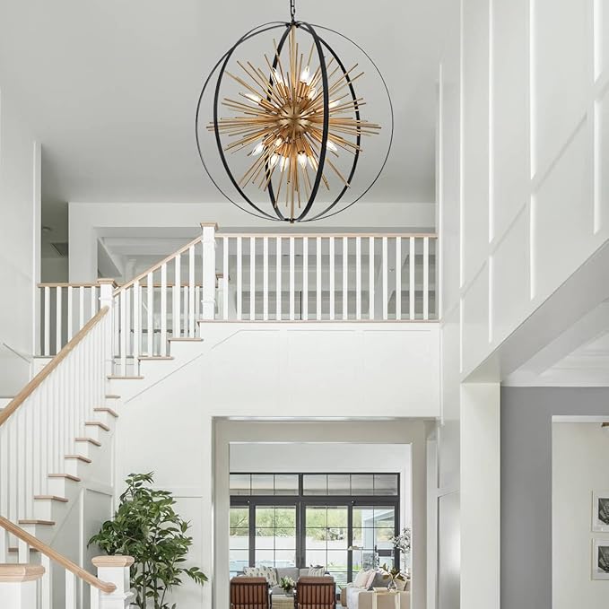 31.5" Black Gold Large Globe Sputnik Chandelier, 16-Light Mid Century Modern Industrial Starburst Golden Metal Satellite Light Fixture for High Ceiling Living Room Dining Room Foyer, E12