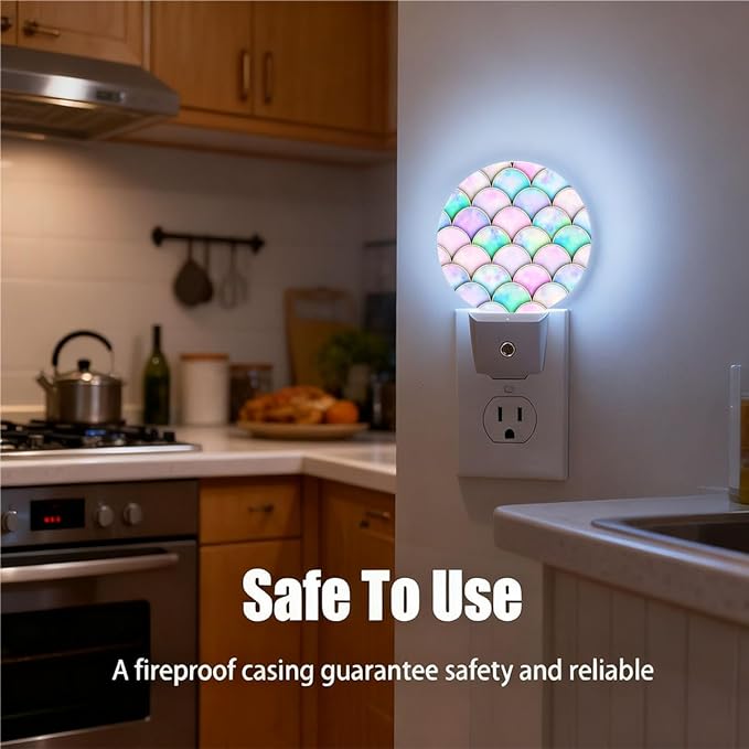 Plug-in Pink Purple Mermaid Scales Night Light Charming Fish Scales Night Lights Plug into Wall with Auto on/Off Sensor, 0.5W LED Nightlight for Bedroom Bathroom Kitchen Hallway