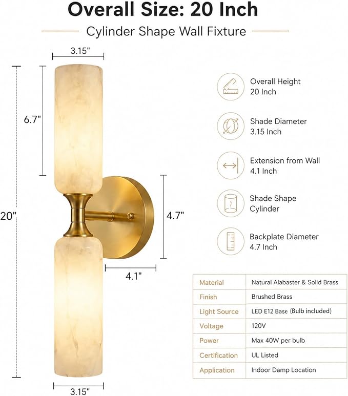Alabaster Wall Sconces Set of 2, 20in 3-Color Changing Spanish Natural Marble Wall Sconce, Hardwired Brass Gold LED Wall Fixture for Bathroom, Bedroom, Living Room, Hallway, Staircase