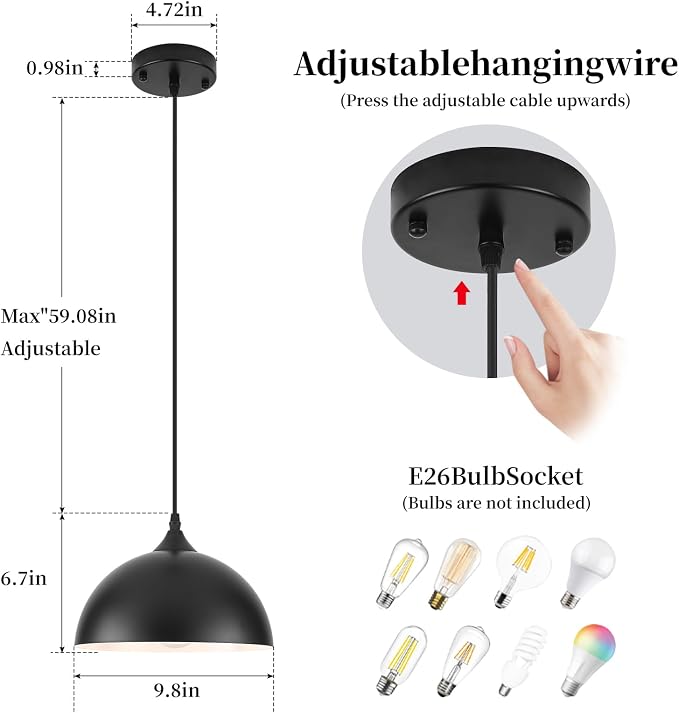 9.8 inch Kitchen Pendant Light 2 Pack, Black Dome Pendant Lights Kitchen Island, Modern Farmhouse Pendant Lights for Kitchen Island Dining Room Bedroom
