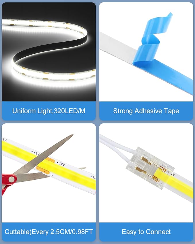 32.8FT Under Cabinet Light Strip Dimmable 11-in-1 COB LED Strip Cold White | 12V 100W 2 Rolls of 16.4ft,Adhesive Cuttable BookShelf Lighting kit,with Hand-Sweep Switch LED Shelf Lights,for Display Case