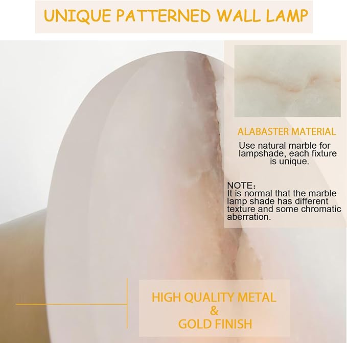 Gold Modern Wall Sconces for Bathroom, 1-Light Alabaster Sconce Wall Light Fixture for Bedroom, Unique Sconce Lighting for Living Room, 1 Pack