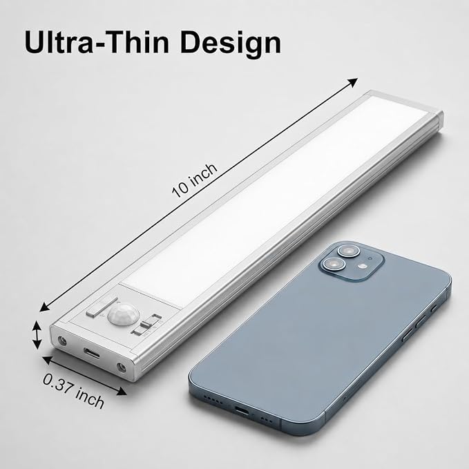2Pack Aluminum Under Cabinet Lighting, 10inch Rechargeable Ultra-Thin Magnetic Motion Sensor Closet Lights, 3 Colors & Dimmable, USB-C Wireless Under Counter Lights for Kitchen, Pantry, Wardrobe