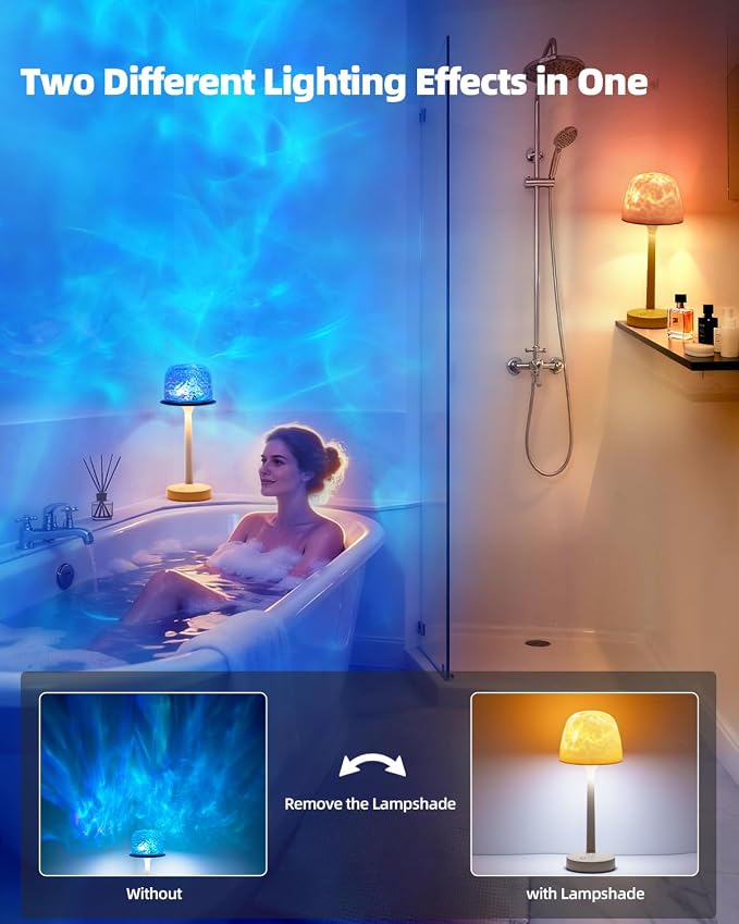 CHLORANTHUS Waterproof Shower Lamp, Ocean Wave Projector – Rechargeable Bathroom Night Light for Home Spa – 2-in-1 Cordless Table Lamp, 16 Colors Remote Touch Control – Relaxing Gifts Women & Kids