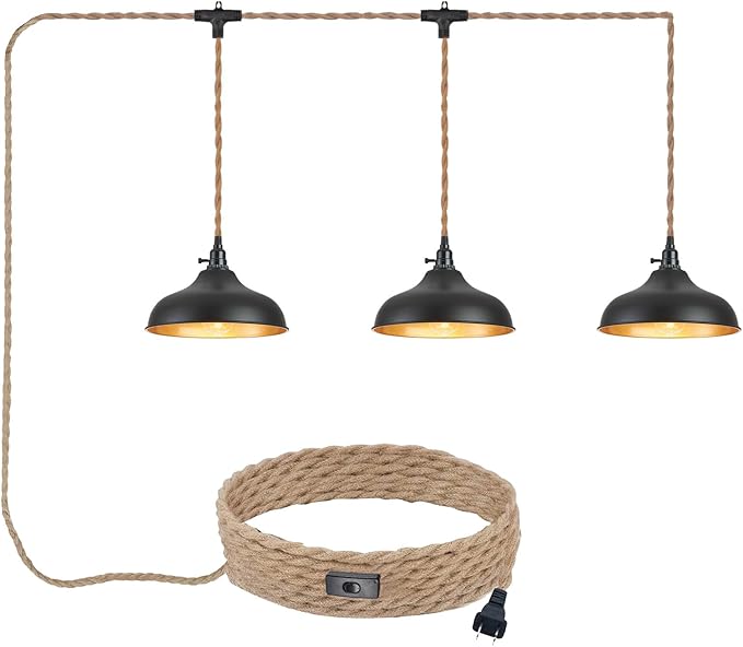 3 Light Plug in Pendant Lights Dome Hanging Lamp with Switch 22 Ft Long Hemp Rope Farmhouse Pndant Light Cord Lighting Fixture DIY Hanging Light