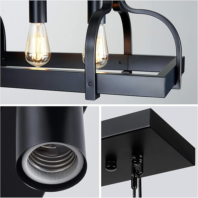 WUZUPS 3-Light Metal Pot Hanging Rack Chandelier Linear Pendant Ceiling Lighting Rustic Farmhouse Fixture Kitchen Island Dining Room, H 9.8" L 24.8" W11.8, E26 Base, Black