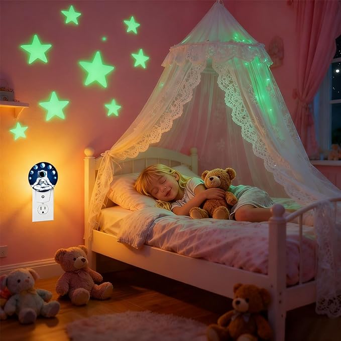 Plug-in Astronaut Night Light Planets Moons Cosmic Meditation Night Lights Plug into Wall with Auto on/Off Sensor, 0.5W LED Nightlight for Bedroom Bathroom Kitchen Hallway