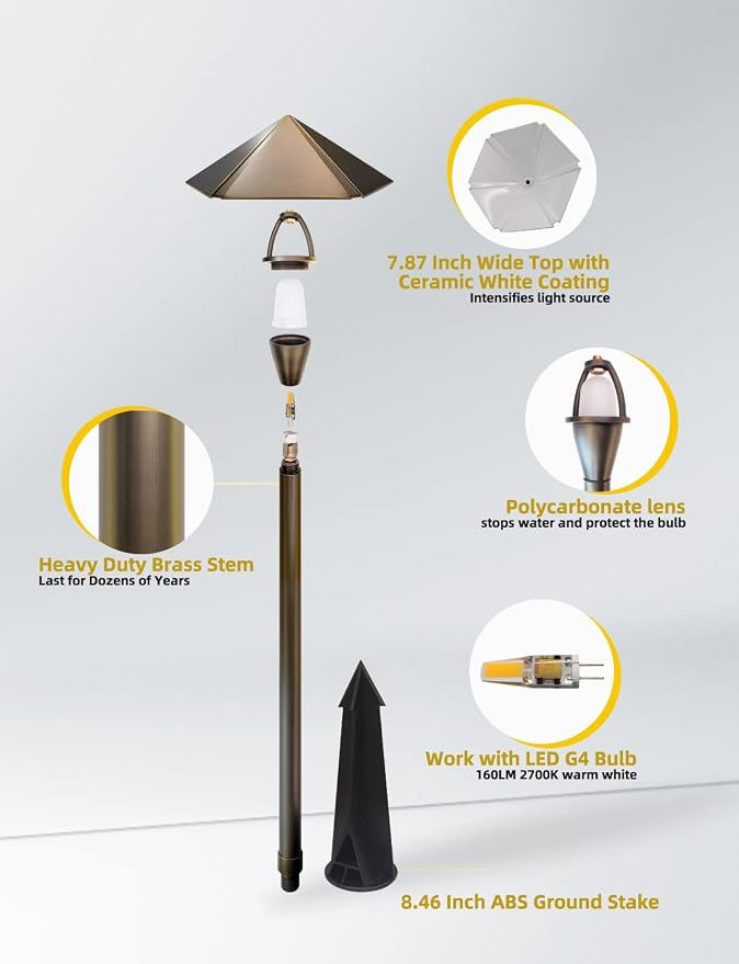 COLOER 1-Pack Brass12V Low Voltage Garden Path Lights Outdoor(605B) | with 2W 2700K 180LM LED G4 bulb, 7.9" Shade 23.2" Tall, Bronze, Heavy Duty LED Pathway Lights Outdoor Wired