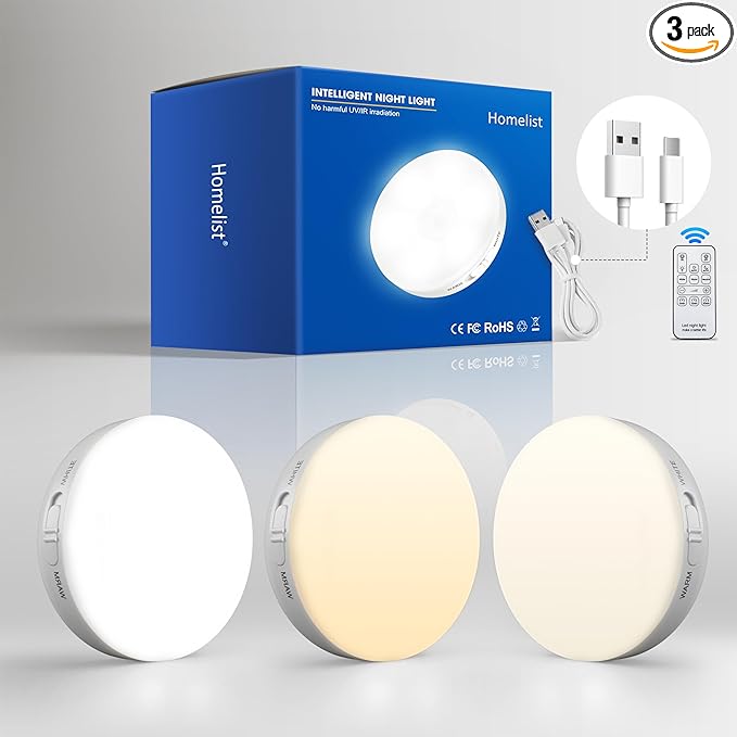 Homelist Rechargeable Puck Light with Remote, Motion Sensor Night Light, LED Closet Light 3 Color Temps for Stairs, Kitchen, Cabinet (3 Packs)