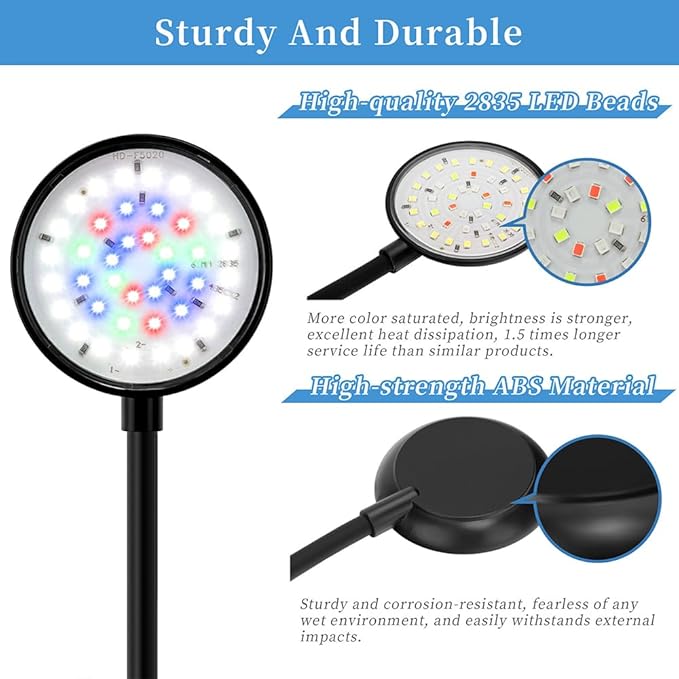 Mini Clip On Aquarium Light 7W Dimmable Small Fish Tank Light USB Moving Lamp with White Red Blue Green LED for 1 to 3 Gallon Tanks (with Timer)