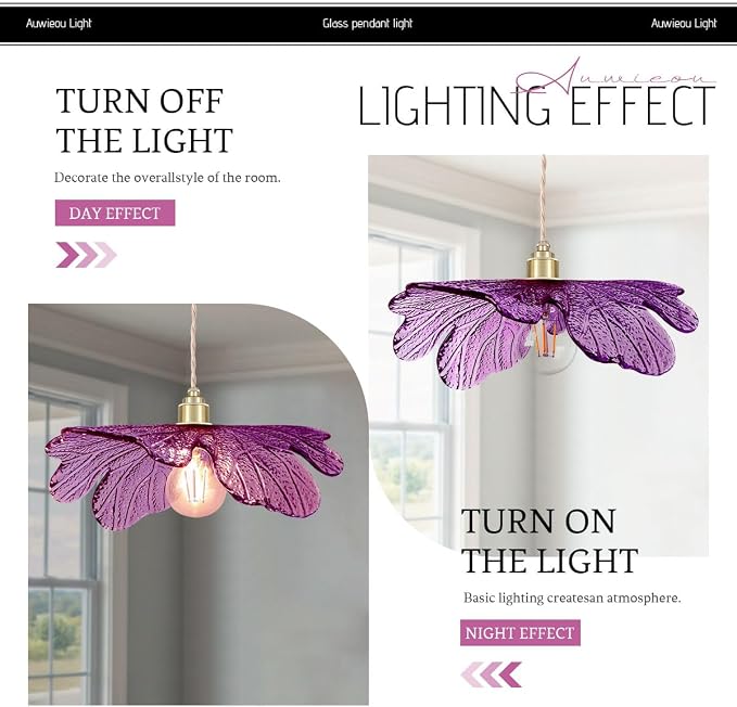 Purple Glass Pendant Light Fixtures 15.75" Large Flower Petal Ceiling Hanging Light Statement with Brushed Gold Base Mid Century Modern Chandelier for Kitchen Island Dining Room Living Room Foyer