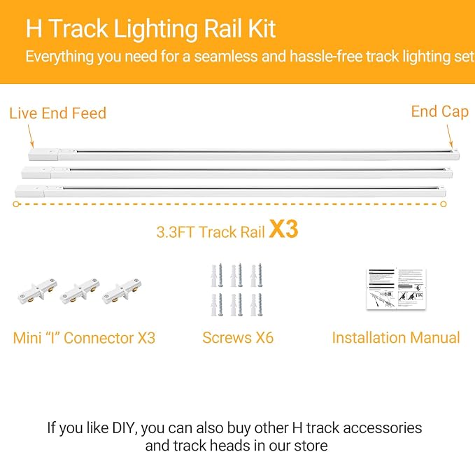 VANoopee 10FT H Track Lighting Rails Kit, White | H Type Rails with End Caps and Live End Feed Connector, Compatible with Single Circuit 120V H Style Track System & LED Heads