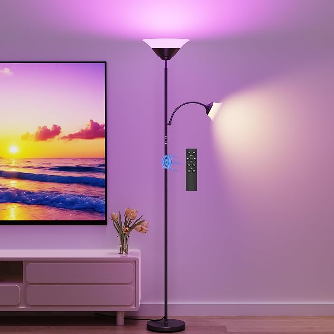 RGB Torchiere Floor Lamp, 2-in-1 Dimmable Standing Lamp with Remote & Button Control, 34W 360° Rotatable LED Reading Lamp, 72" Modern Tall Corner Lamp for Bedroom, Living Room, Office, Black