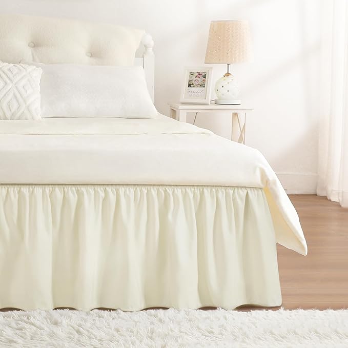 RIMELA Ivory Bed Skirt King Size 15 Inch Drop, Elastic Bed Skirting for Bed Base and Frame, Bedding Dust Ruffle Easy to Install, Lightweight Wrap Around Adjustable Bedskirt