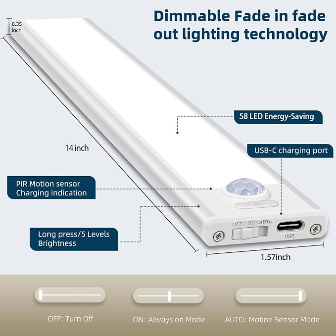 14 inch Dimmable Under Cabinet Lighting, 58 LED Rechargeable Battery Motion Sensor Light Indoor, Stick On Magnetic Closet Lights, Under Counter Lights for Kitchen, Stairs, Warm Light 5 Pack