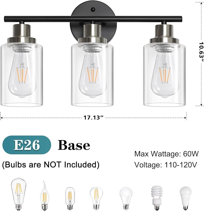 Modern Bathroom Light Fixtures, 3 Light Vanity Lights, Black and Brushed Nickel Wall Lamp with Clear Glass for Bathroom, Mirror, Living Room, Bedroom, Hallway, E26 Base