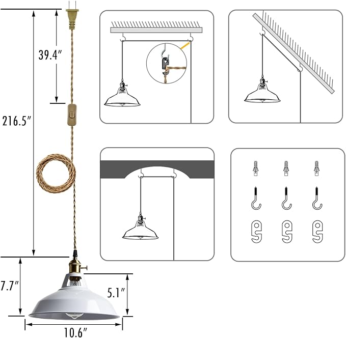 YUBOLE Nordic Plug in Pendant Light White Barn Shade with Dual Switches | 216.5" Plug Cord, Metal Barn Shade, On/off and Rotary Switches, E26 Removable Swag Light for Any Indoor Spaces