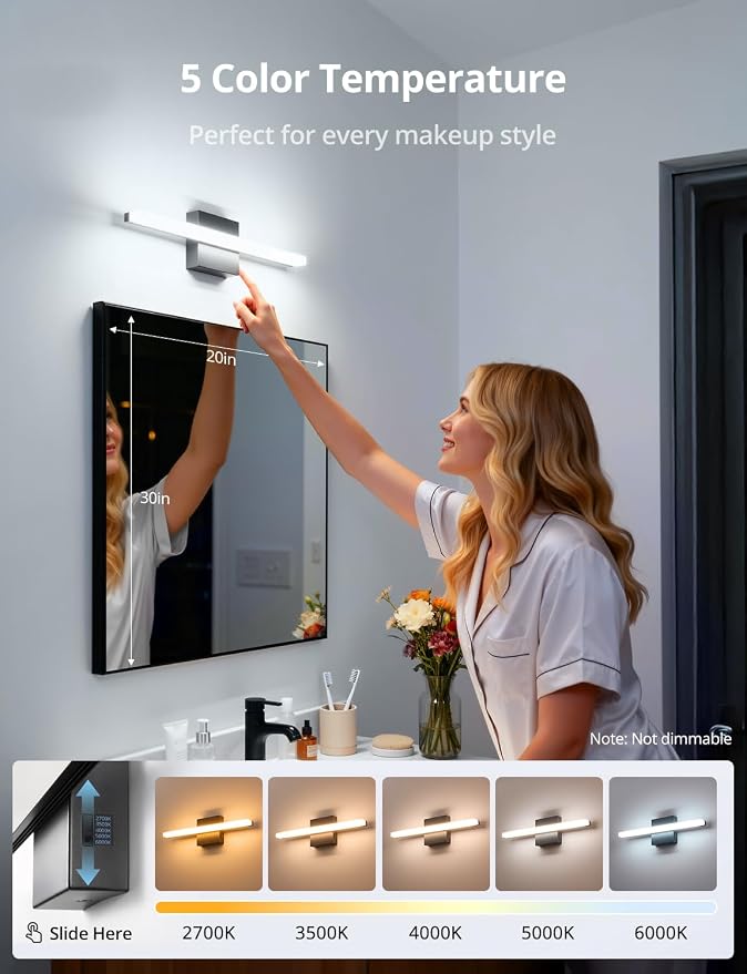 2 Pack Modern Bathroom Light Fixtures Above Mirror Small Vanity Lighting Bar 16Inch, 5 Color Adjustable Black Simple Slim Led Wall Sconce IP44 Rustproof Bright 10W 880LM for Bath Restroom